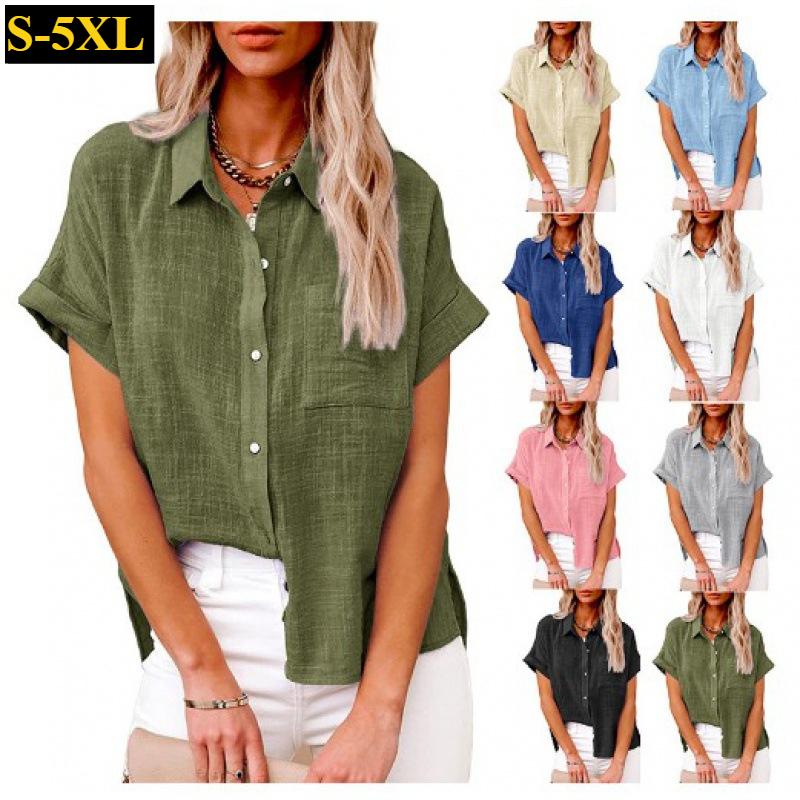 

Women s Solid Color Linen Shirt Short-sleeved Casual Loose Shirt S белый