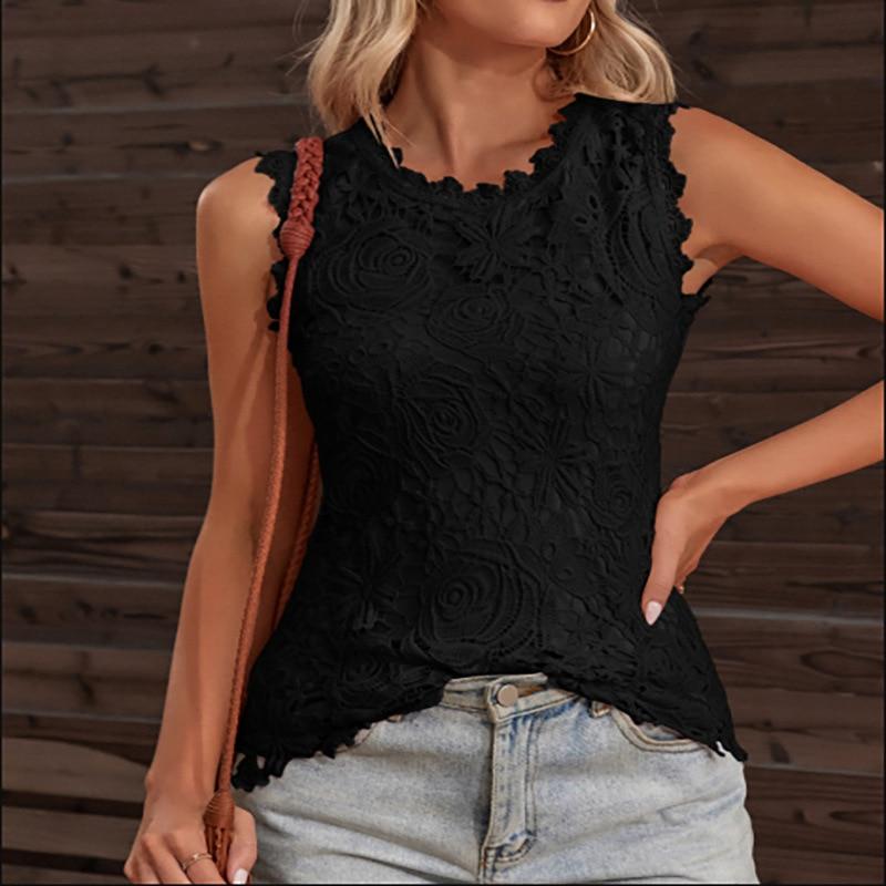 Sleeveless Lace Embroidery Elegant Shirt Woman Summer 2022 Fashion Clothing Casual Blouse Women Slim O Neck Tops Mujer  25946