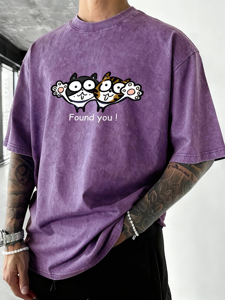 Found You Cartoon Cats Print Men Washed T Shirts Casual Hip Hop Sportswear Man Running Short Sleeves Multicolor Cotton TShirt