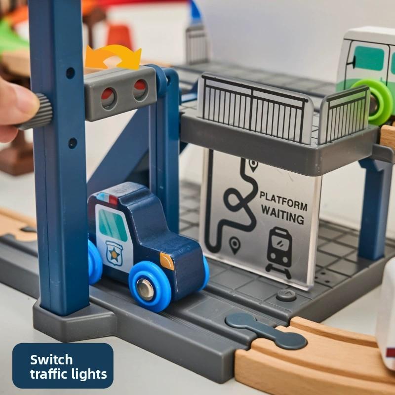 Wooden Railway Track Set Sound and Light Platform Train Station Tracks Accessories fit for All Brand Wooden Track Toys for Kids