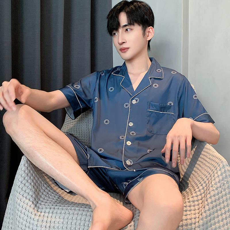 Pajamas Suit Men Summer Ice Silk Short Sleeved Long Pants Thin Male Satin Sleepwear Youth Homewear Set Gentlemen
