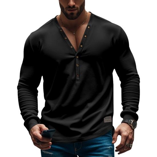 

Чоловіки, весна-осінь, верхня частина з декором на ґудзиках, однотонний пуловер з довгими рукавами і V-подібним вирізом, еластичний спортивний топ для фітнесу. M чорний