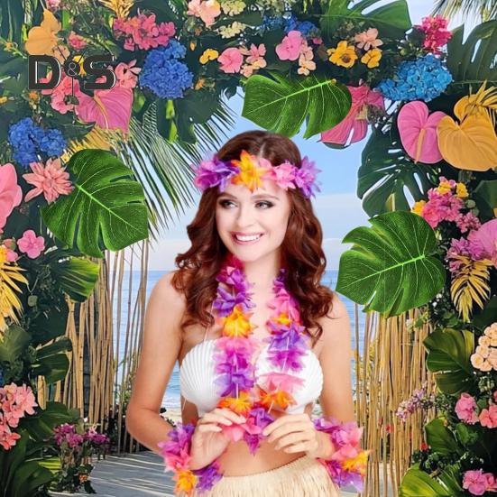 70 Pcs Hawaiian Leis Luau Party Decoration Artificial Tropical Palm Leaves Hibiscus Flowers Hula Dance Party Favors for Summer Beach Pool Party