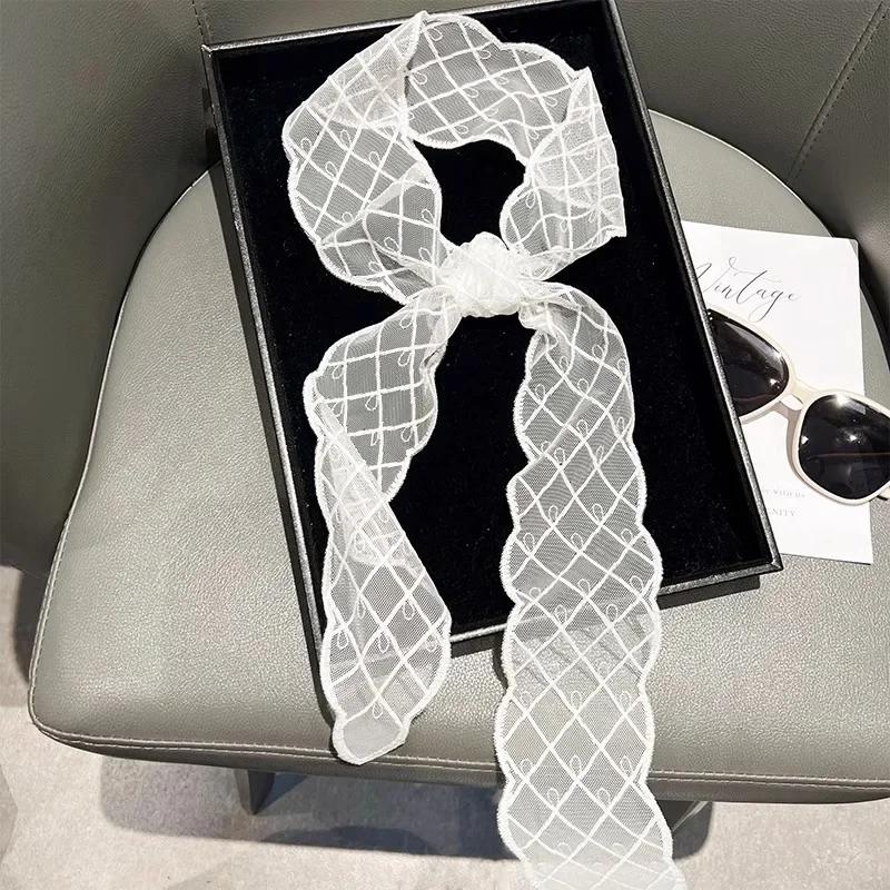 Vintage White Lace Hair Scarf Summer Sweet Bow Headband Elegant Ribbon Scarfs for Women Hairbands 130cm Long Narrow Neckscarf