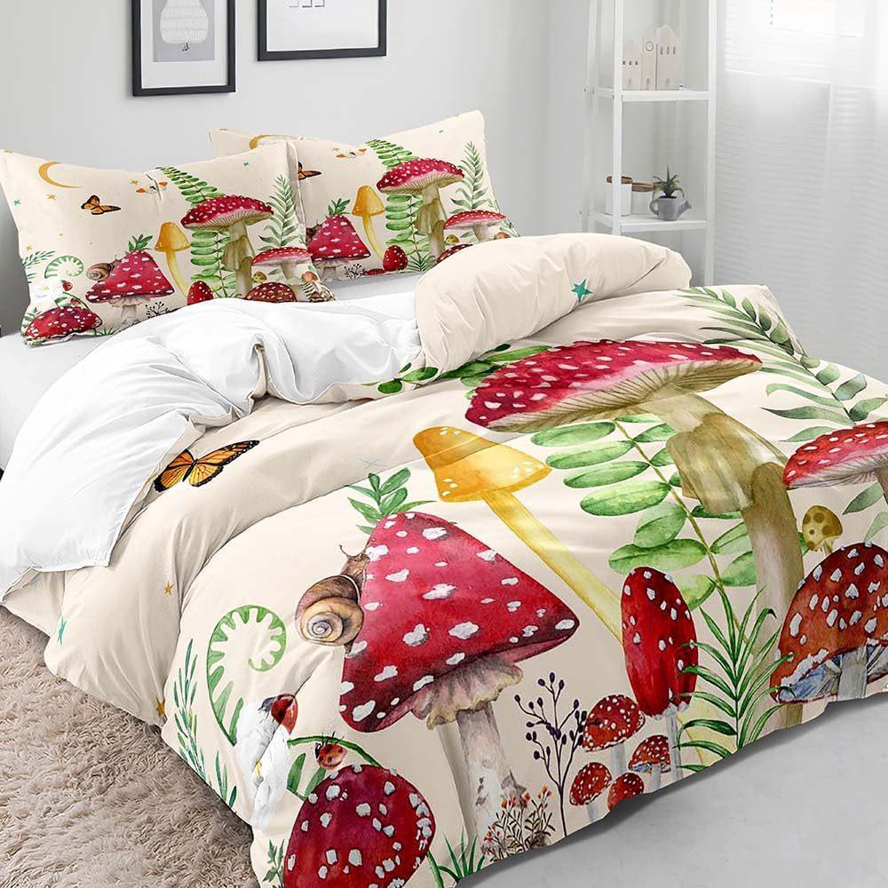 Red Mushroom Three-piece Quilt Cover 3D Digital Printing Bedding Set Green Plant Plant Fungus Bed Cover