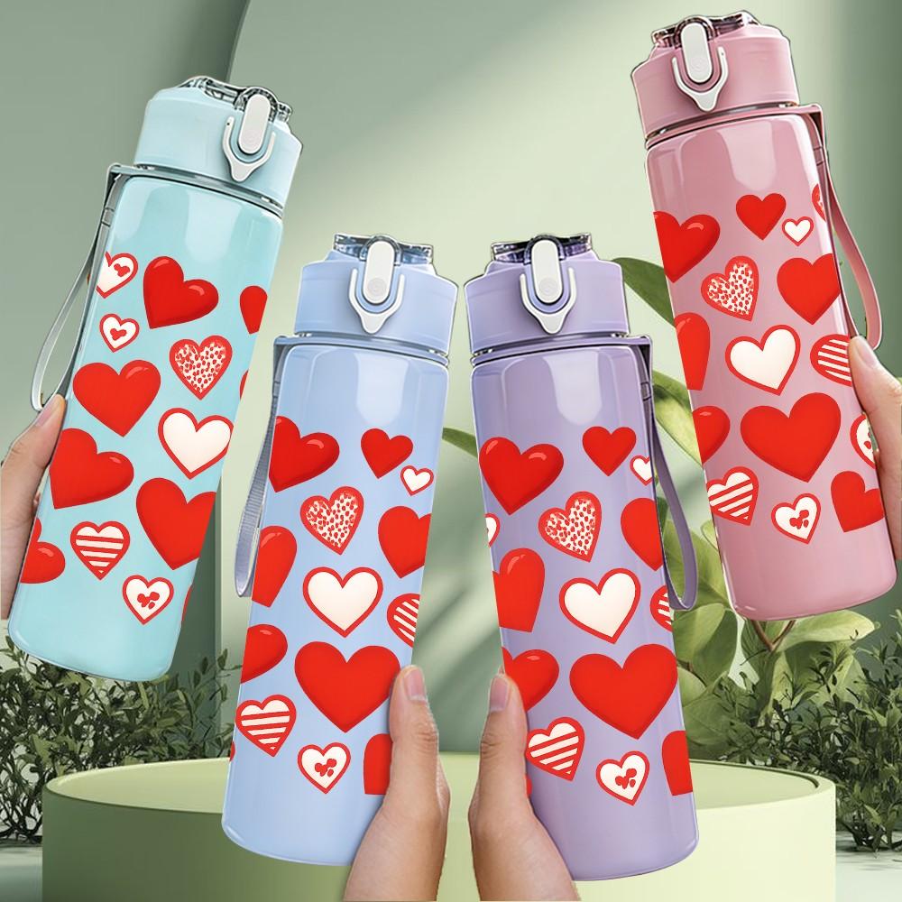 1PC Red Romantic Heart Love Pattern 750ml Color Plastic Sports Water Bottle Leakproof Flip Straw Lid Suitable for Sports Office Home Use