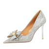 Europäische und amerikanische High Heels, Stiletto-Absätze, flacher Mund, spitze Perlen-Diamant-Schleife, einzelne Schuhe