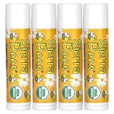 Organic Lip Balm, Honey, 4 Pack, 0.15 Oz (4.25 G) Each