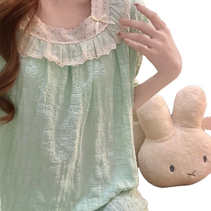 2026 Summer Women's Nightgown: Cloud Cotton, Bra Pads, Short Sleeve, Lace Trim Long Dress