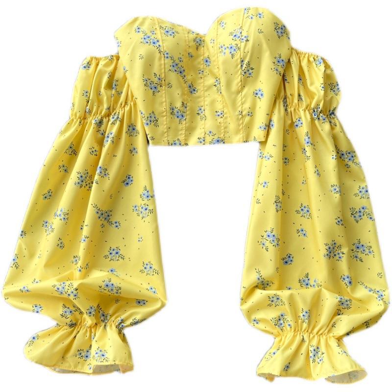 Women's Spice Girl One Shoulder Breasted Long Sleeve Shirt Backless Sweet Floral Short Temperament Top