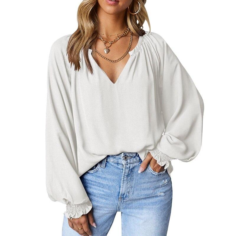 Herbst V-ausschnitt Plissee Blusen Mode Lässig Lose Lange Hülse Frauen Einfache Chiffon Shirts Und Tops Damen Feste Kleidung 28612