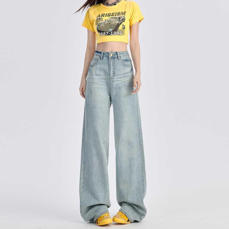 

Vintage High-Waisted Wide-Leg Denim Women s Pants - Light Drape, Floor-Length L