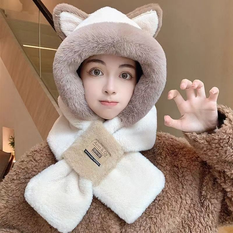 Three-dimensional rabbit ears plush hat two-piece set, ear protector, Lei Feng hat, cycling cold-proof hat, scarf integrated two-piece set