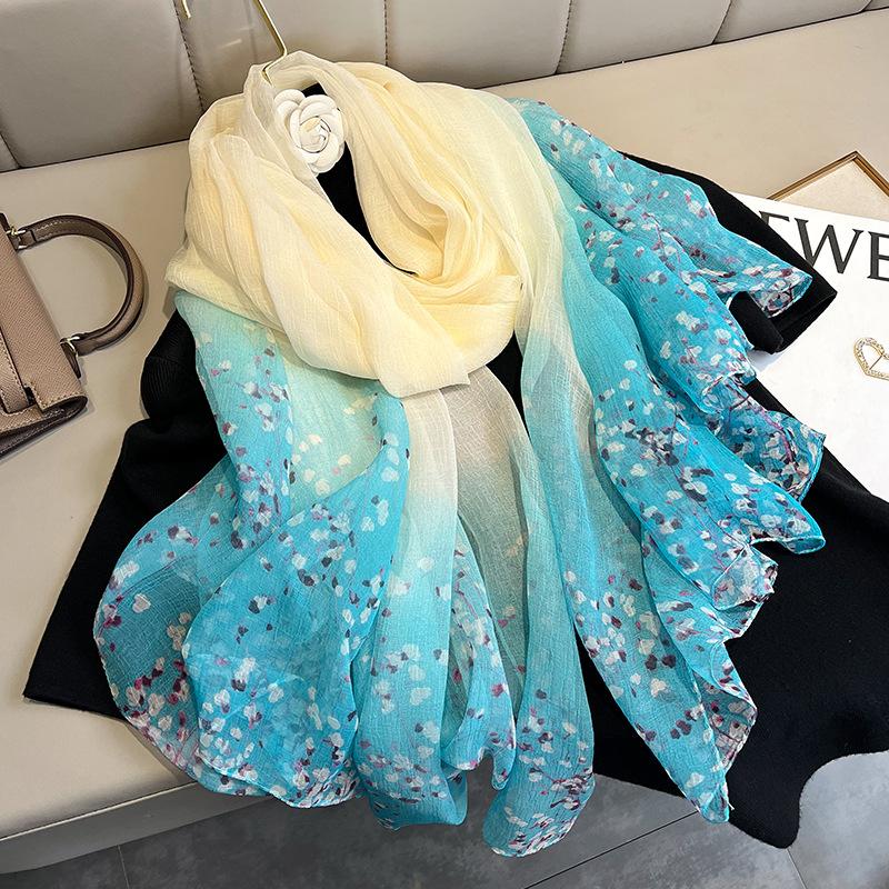Fashion Luxury  Oversized Ombre Petal Floral Silk Shawl Scarf Lady High Quality Turban Head Hijab Femme Wrap Foulards Snood