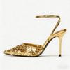 Shiny Sequin Decorated Gold Heels Women Fashion Pointy Toe Ankle Strap Buckle Design High Heeled Sandals Luxury Party Dress Shoe