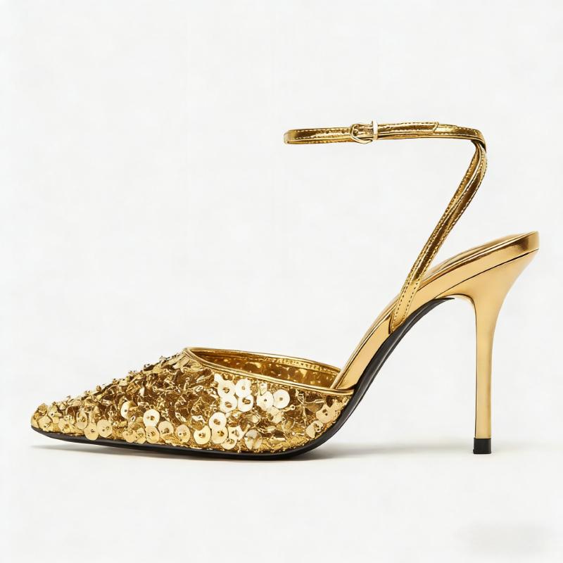 Shiny Sequin Decorated Gold Heels Women Fashion Pointy Toe Ankle Strap Buckle Design High Heeled Sandals Luxury Party Dress Shoe