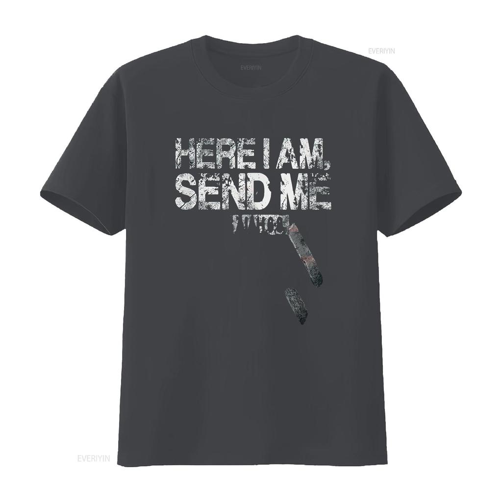 Damen Hier bin ich Sende mich Amerikanische Flagge Kreuz Jesaja 6 8 Bibelvers T-Shirt Schwarz 2XL Vintage Gewaschen Leicht Weich Mann Unisex