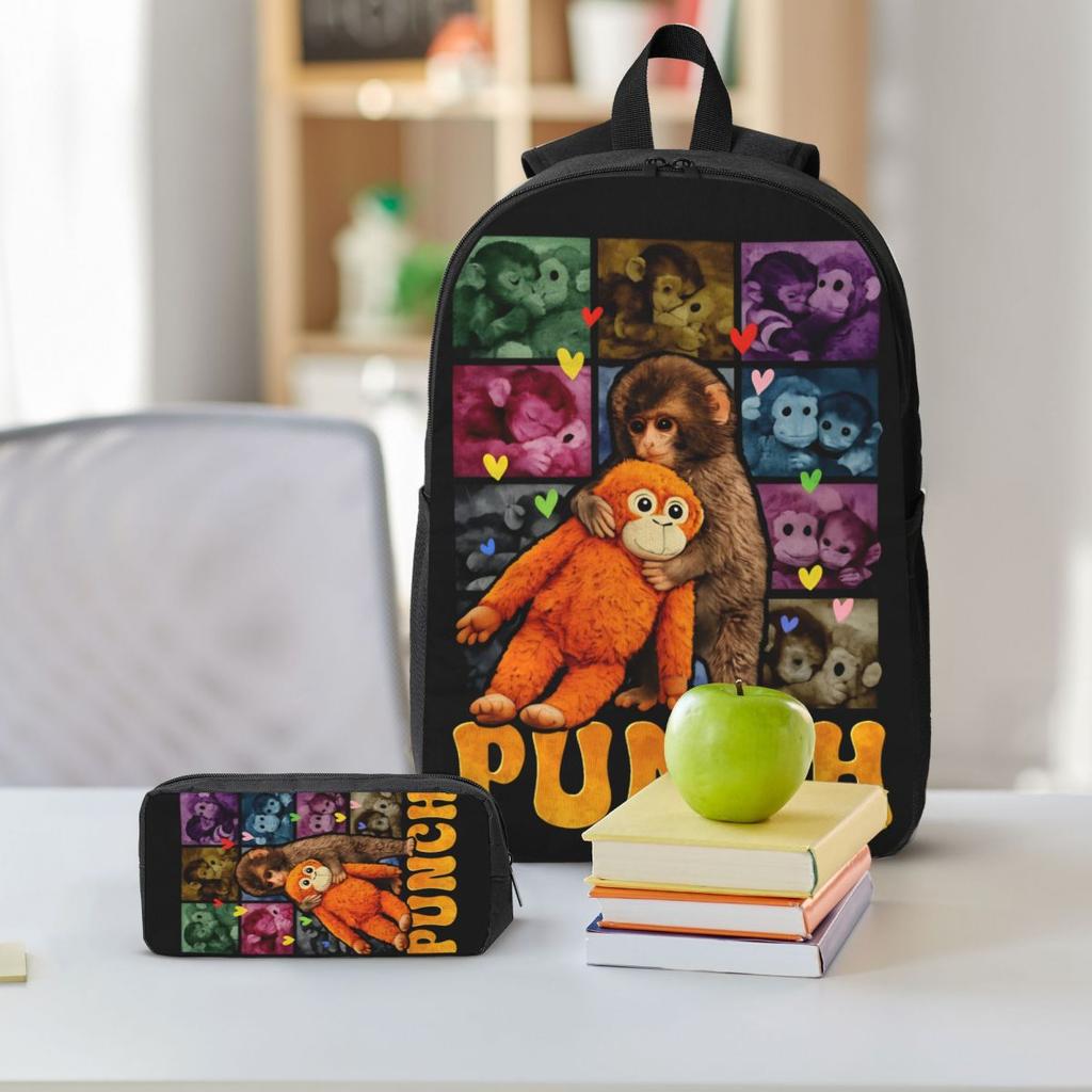 3Pcs Cute Baby Monkey Hugging Bear Punch Backpack Set for Girls Boys Pen Bags Bookbag Sets with Lunch Box
