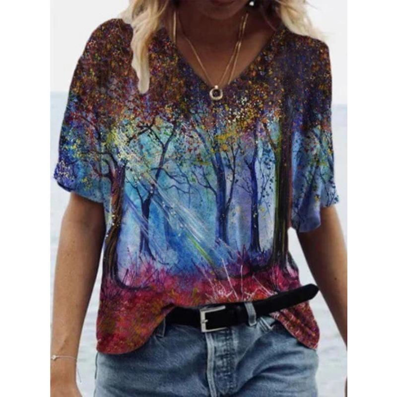 Sommer Graffiti Blume 3D-gedrucktes Kurzarm Damen V-Ausschnitt Buntes Lässiges Vielseitiges T-Shirt