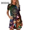 Colorful Feather Pattern Women Dress New Spring Summer Clothing Fashion Elegant Short Sleeve O-Neck Gradient Print Dresses