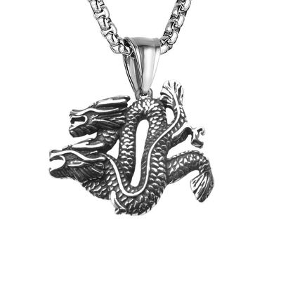 Colgante de Dragón Retro Estilo Chino de Acero de Titanio, Dominante Doble Dragón Acero Inoxidable Personalizado Collar Joyería