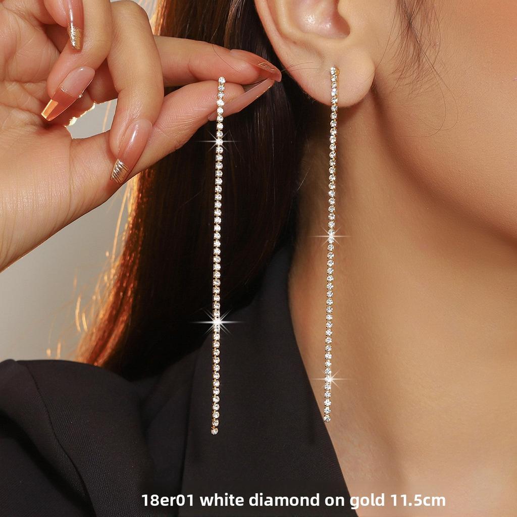Rhinestone Long Fringed Internet Celebrity Stud Earrings, Earrings, Temperament Versatile Simple Earrings Women