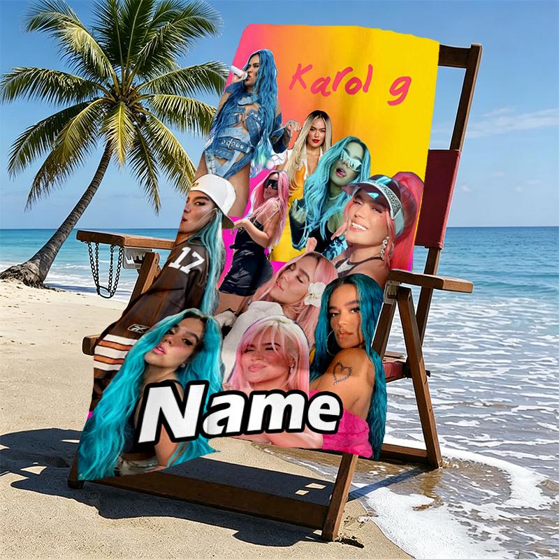 Custom Name Personalized Karol G Print Beach Towel, for Trip Camping Beach Party Home Decor, Birthday Gift for Family & Friends
