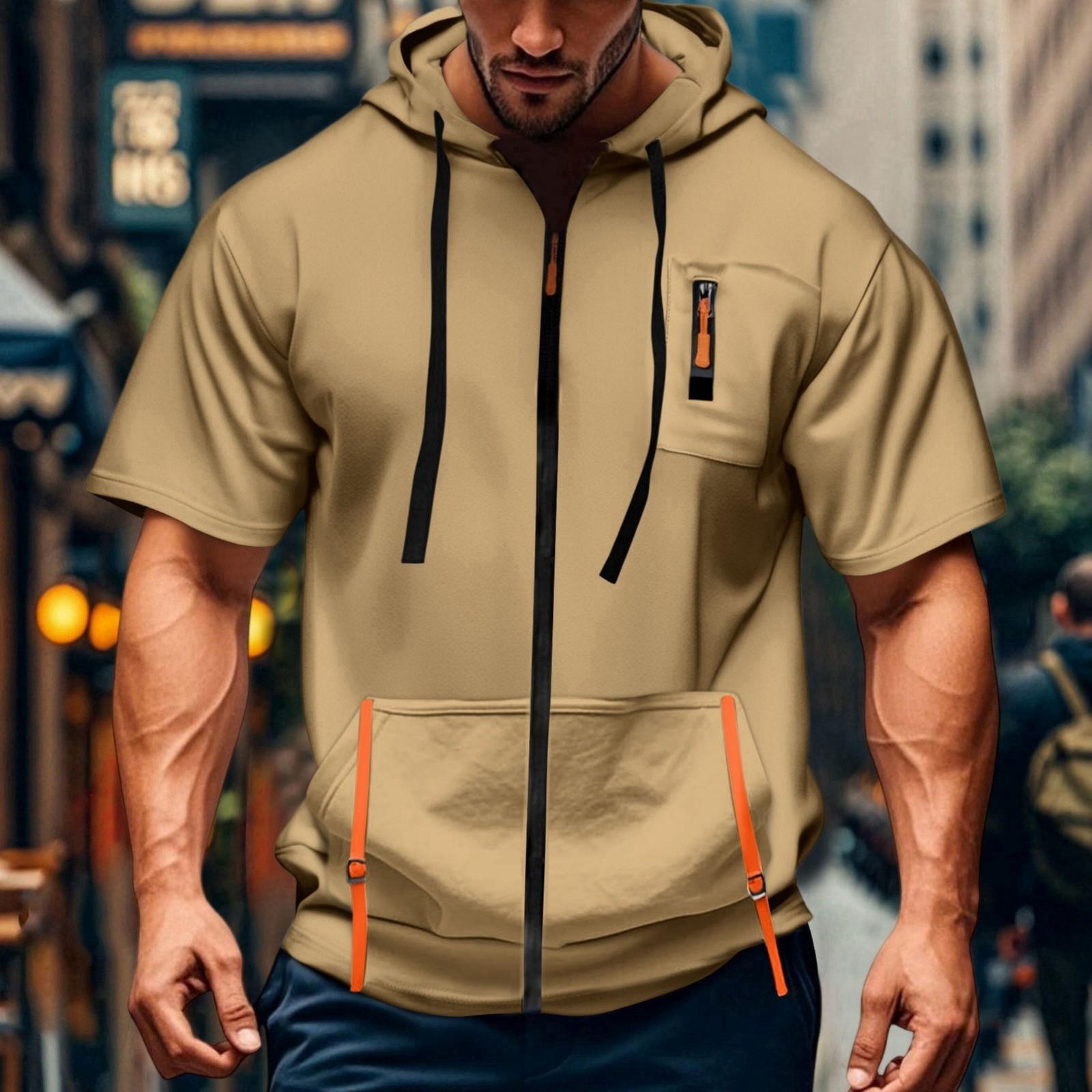 

Men s Casual Short-sleeved Sweatshirt. Loose And Breathable Solid-color Sweatshirt Jacket With Multiple Pockets And A Zipper. XXL хакі