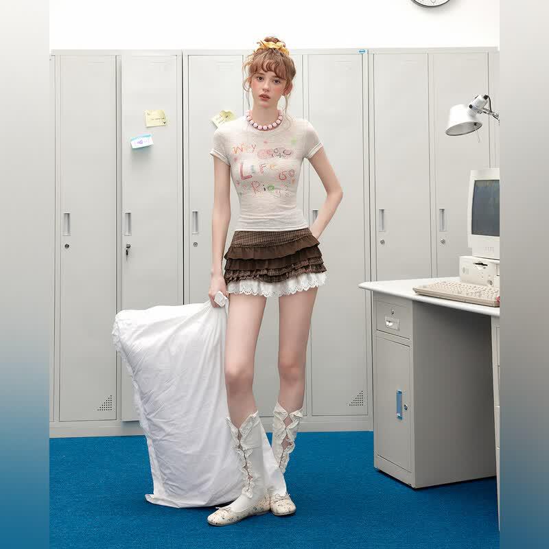 UNIFREE Retro Plaid Lace High-Waist Skort