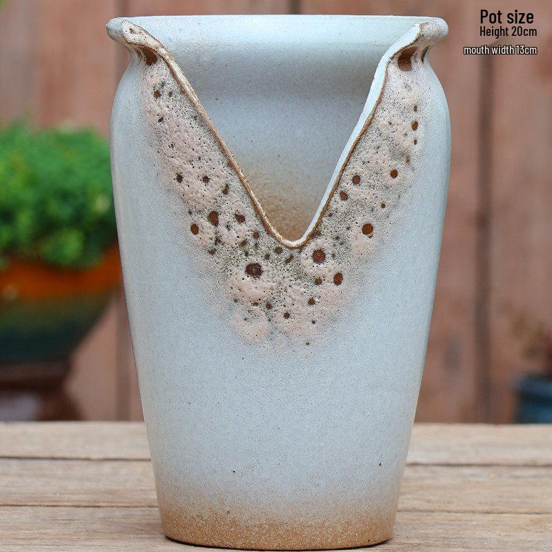 Ручная работа, Высокий керамический горшок из циншуйской глины для суккулентов с выемками, Дышащий, Большой, Дизайн скалы Medium - Coarse Pottery