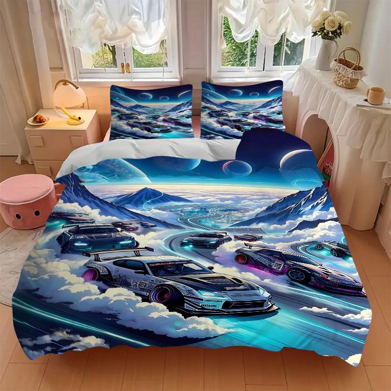 3pcs Cloud-Road-Car-Race Duvet Cover Set,  Includes 1 Duvet Cover and 1/2 Pillowcases (No Insert) yy251104235