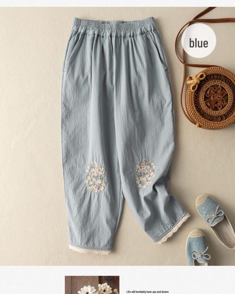 Women's Literary Retro Cotton Embroidery Casual Pants with Lace Trim - Slimming, Loose, and Thin Style for Summer 2023.