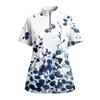 Women's Short Sleeved Printed V-neck Buttonable Side Slit Top T-shirt