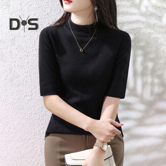 Women Sweater Half High Collar Half Sleeve Knitting Tops Solid Color Slim Fit Sweater Tops Commuting Street Wear
