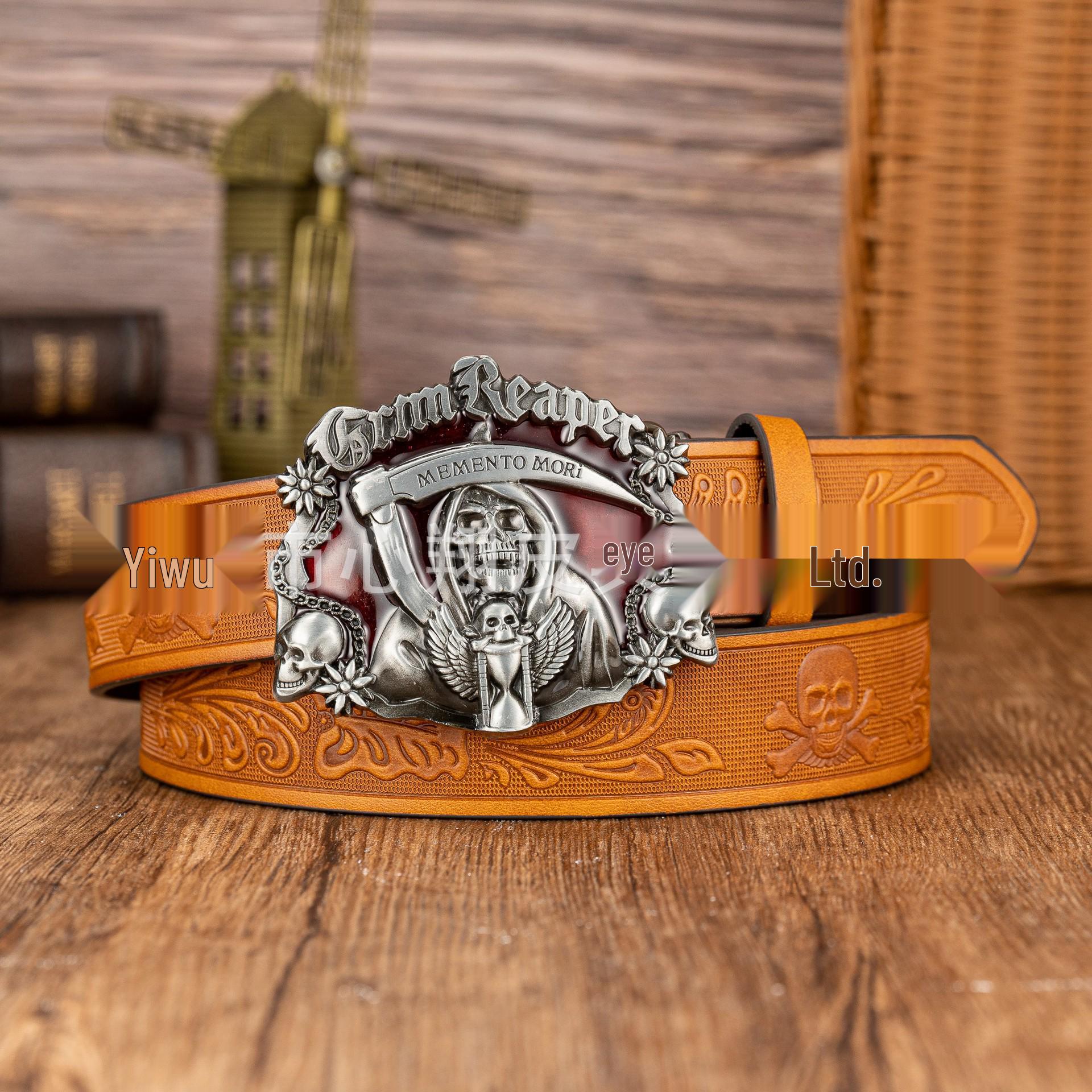Retro Red Sickle Skull Embossed Western Cowboy Belt 120 cm