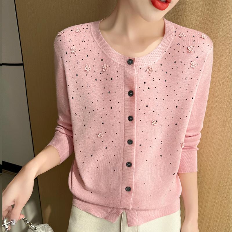 Spring and Autumn New Crew Neck Knitted Cardigan Women's Versatile Skinny Sweater Simple Temperament Jacket