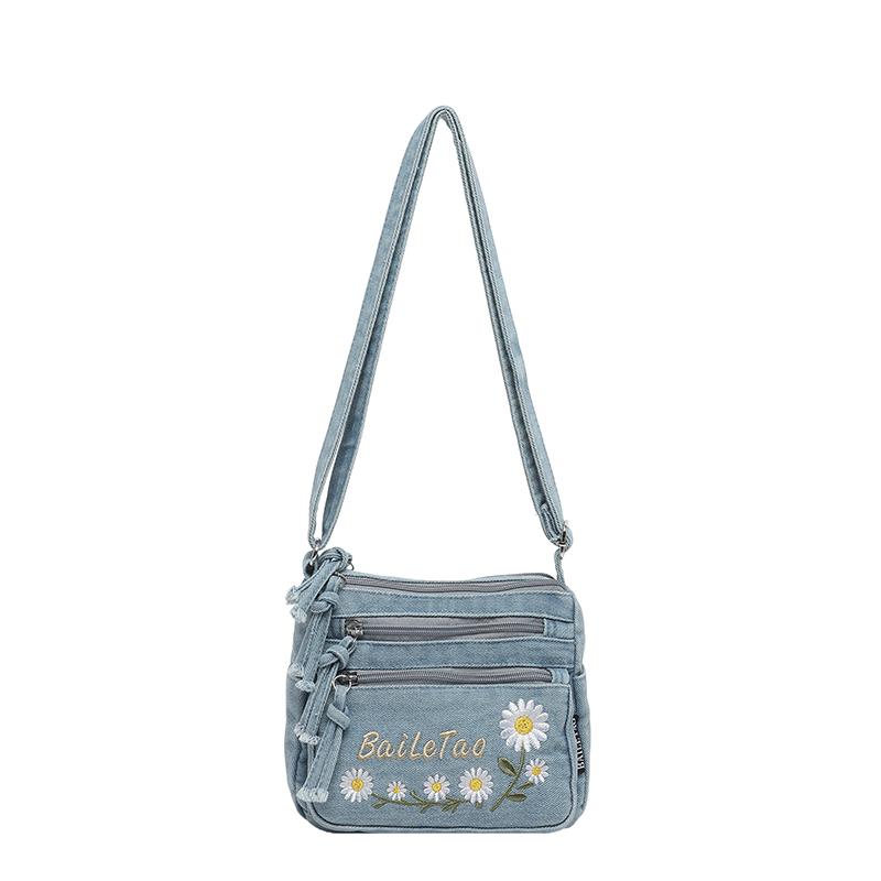 Lightweight Denim Zipper Crossbody Bag Stitching Line Embroidery Decoration Bag Hot Sale Casual Youth Women's Shoulder Bags