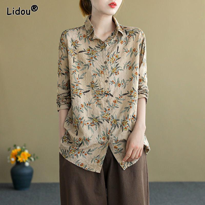 Retro Fashion Classic Korean Straight Loose Thin Printing Turn-down Collar Button Autumn Winter Women's Blouses