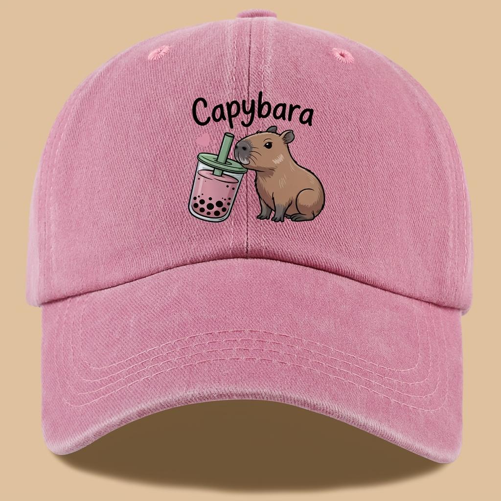 PC Niedliches und Stilvolles Design Bedruckte Baseballkappe mit Capybara Milchtee Trink-Aufdruck Urbane Lässige Kopfbedeckung Schwarz Papa Trucker