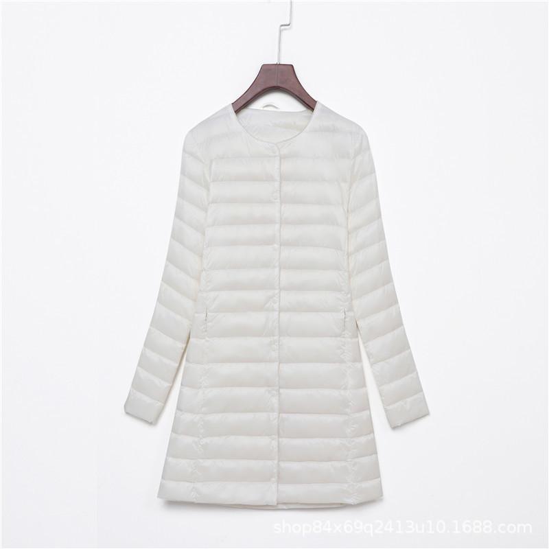 New Down Jacket Women's Light, Medium and Long Fashion and Thin White Duck Down Snap-button Round Neck Warm Liner Jacket