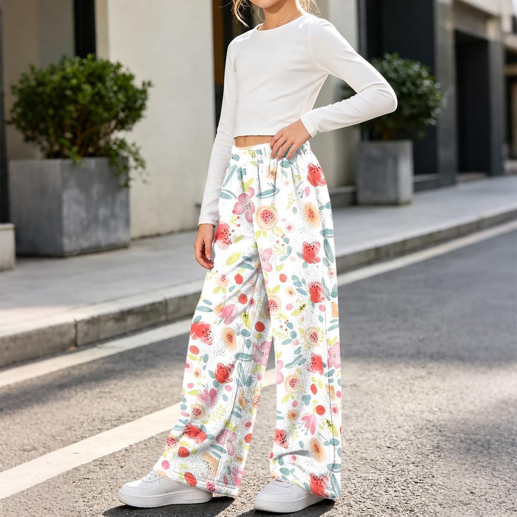 Fashionable Girls' Flannel Warm Loose Printed Pants