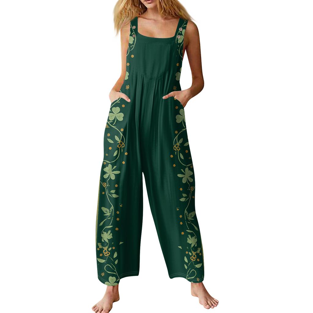 Womens Casual Overalls Jumpsuits Adjustable Straps Sleeveless Print Comfy Rompers With Pocket