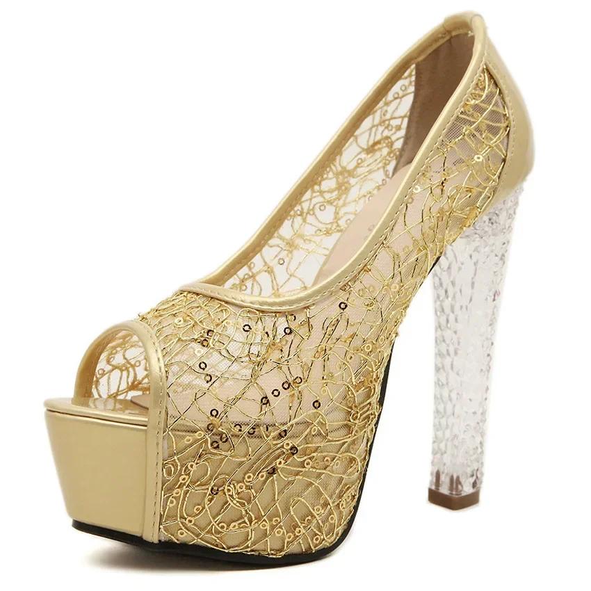 Fish Mouth Sandals New Fashion Summer Transparent Women Thick High Heel Crystal Shoes