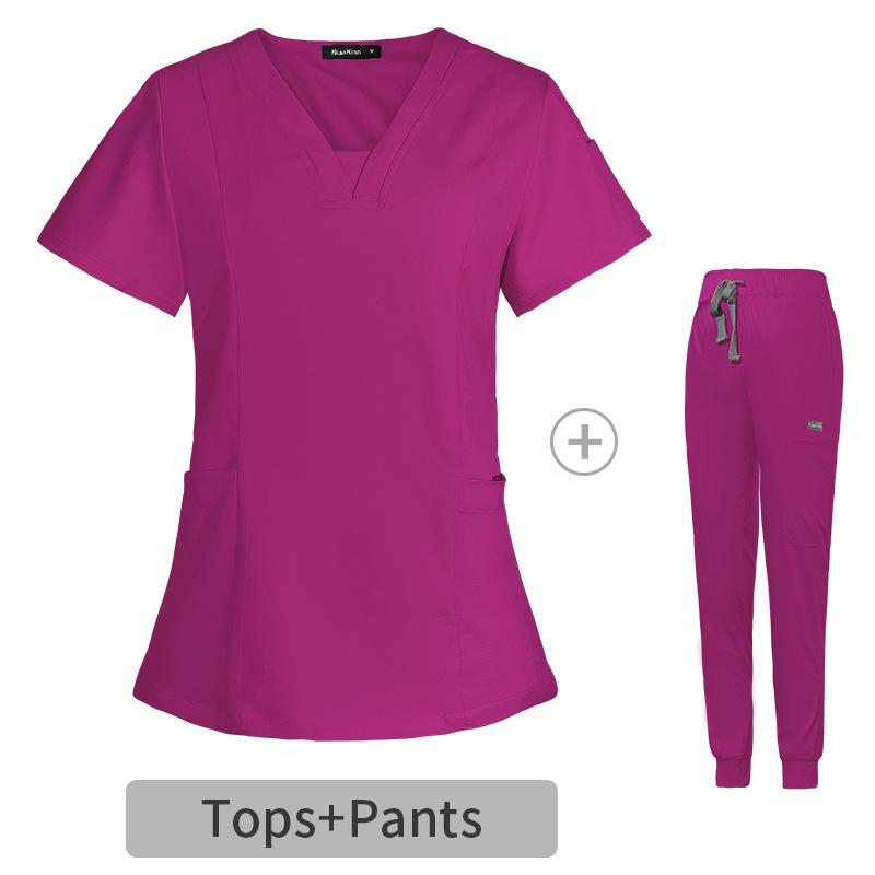 V-neck Women's Hospital Scrub Suit with Short Sleeves and Printed Design