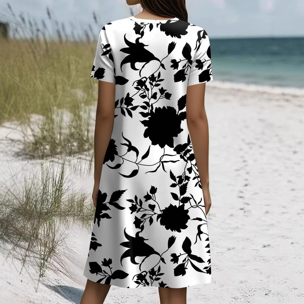 Short Sleeve Boho Dress For Women Casual Loose Fit Summer Sundress Floral Print Dress With Pockets