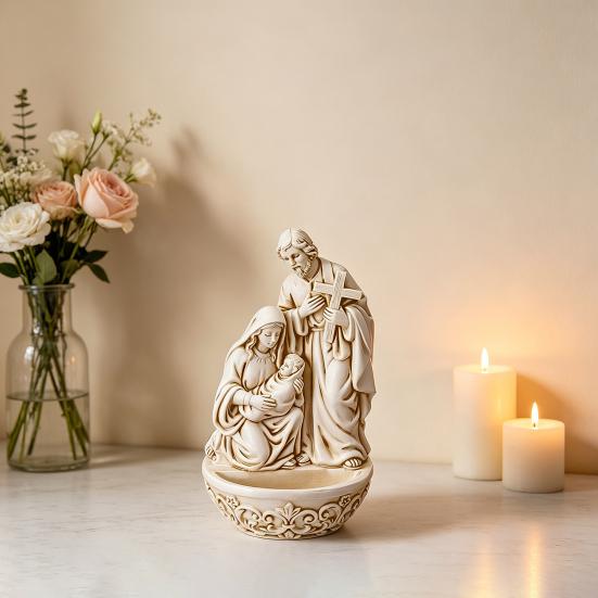 Svatá kropenka, Figurka svatého Josefa a Marie s Ježíšem Kristem z pryskyřice, Katolická nádoba na svěcenou vodu, Náboženské dárky do kanceláře, na vchod, na stěnu kostela