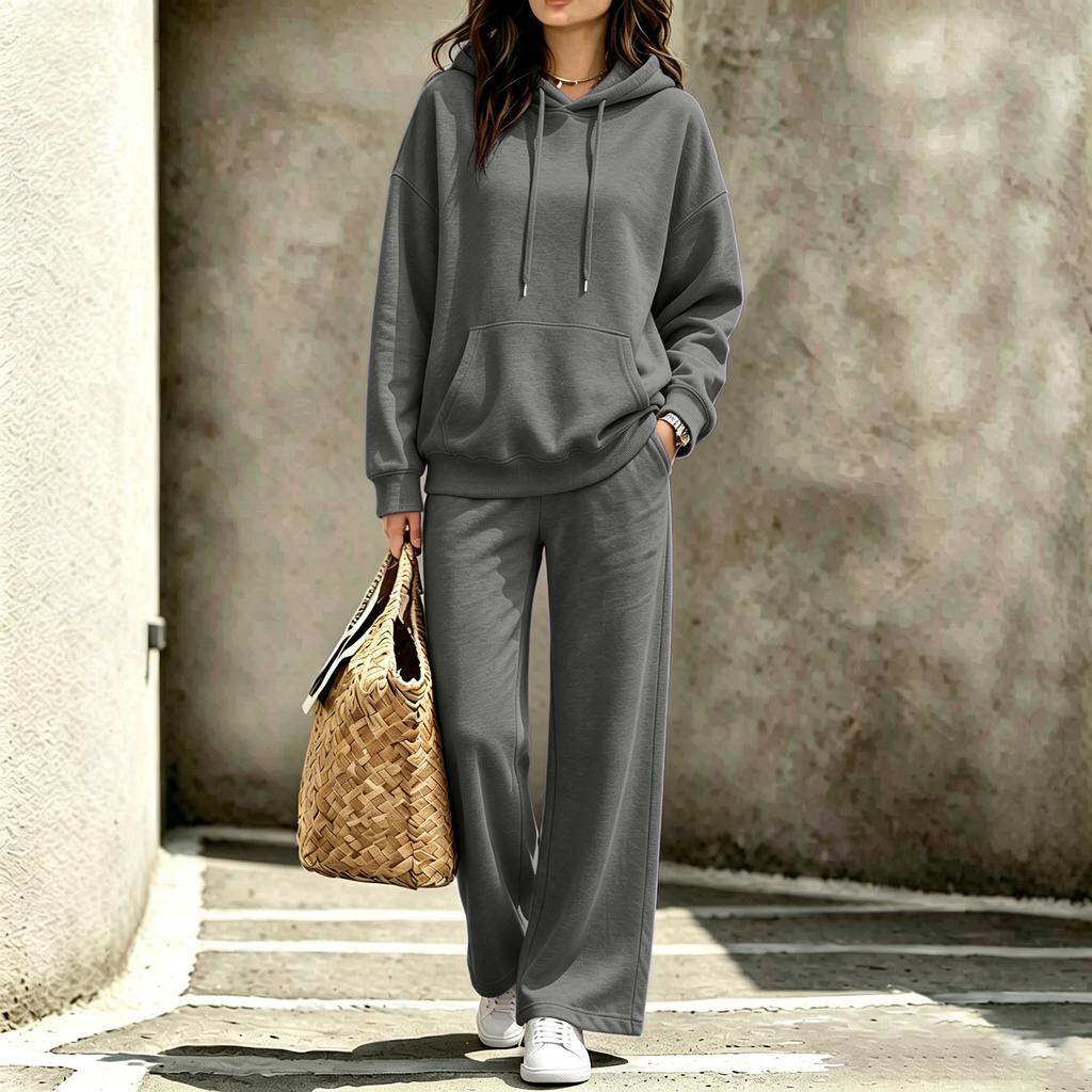 Women's Casual Hooded Sweatshirt and Pants Set with Pockets for Fall and Winter
