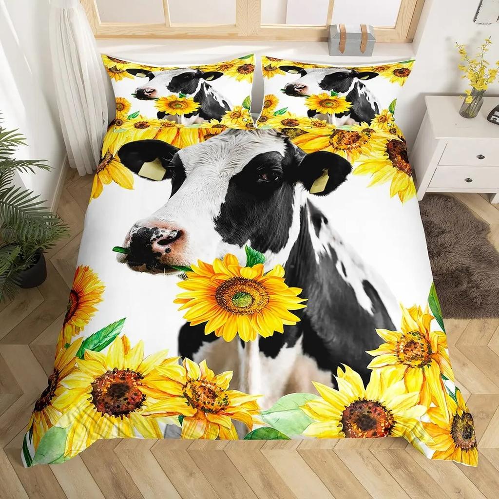 Cow Duvet Cover Collection King Microfiber Milk Cow And Yellow Sunflower Print Comforter Cover Cute Animal And Floral Theme Bedding Collection