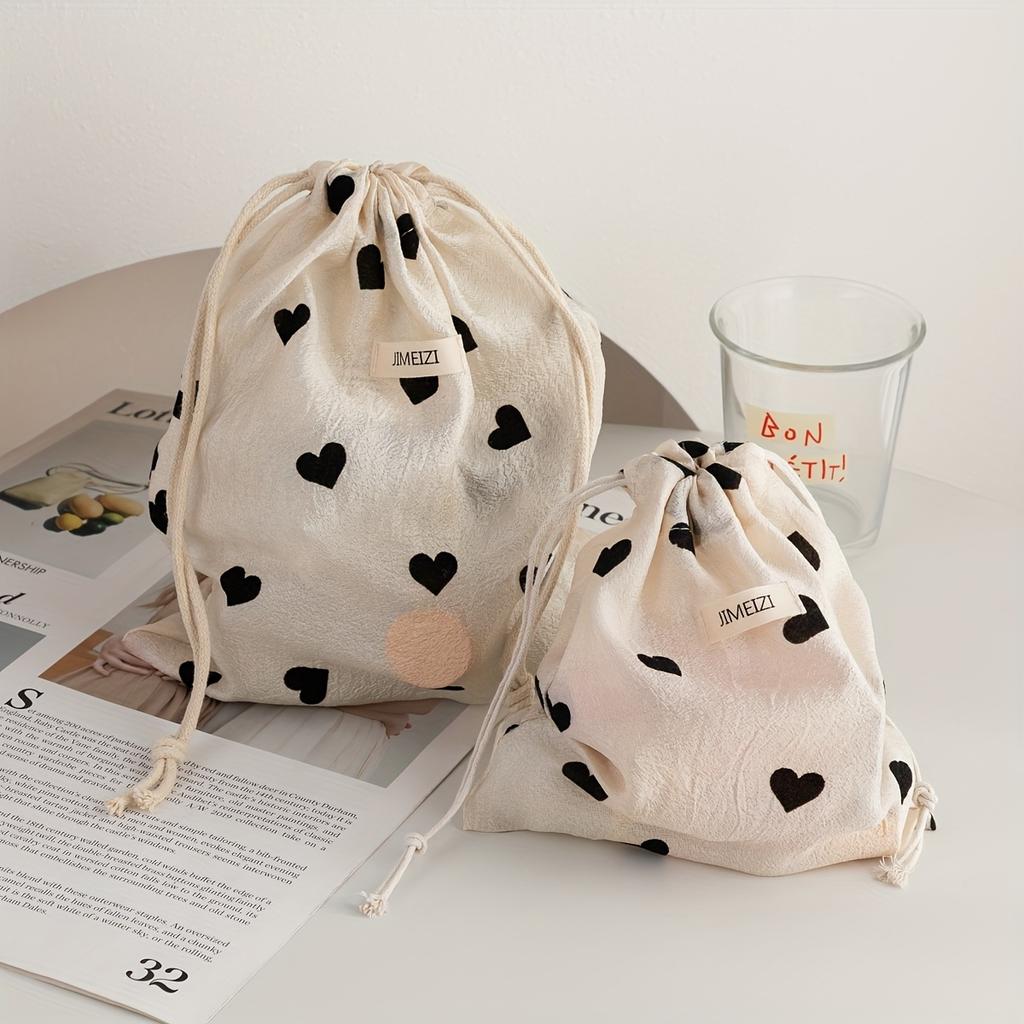 1pc Women's Drawstring Pouch - Beige & Black Heart Pattern Makeup Bag,Large Capacity Travel Organizer with Closure for Cosmetics