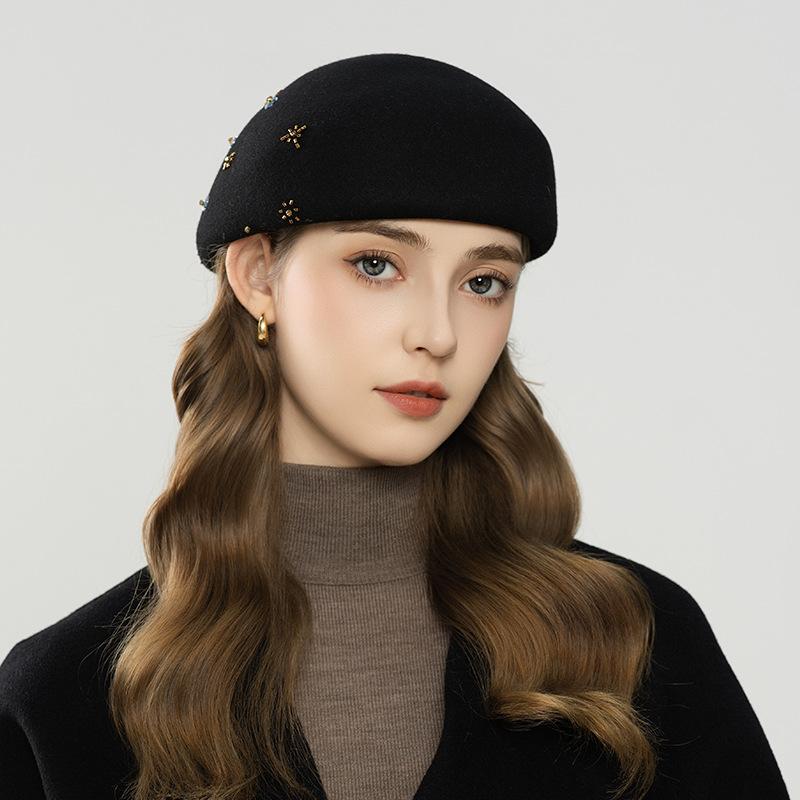 Autumn and winter new fashion wool rhinestones flower decoration British bud hat elegant women's hat